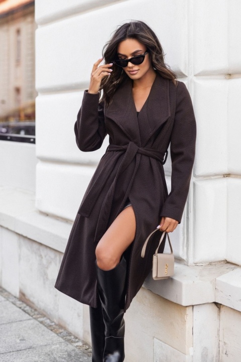 Długi płaszcz London wiązany w pasie czekoladowy